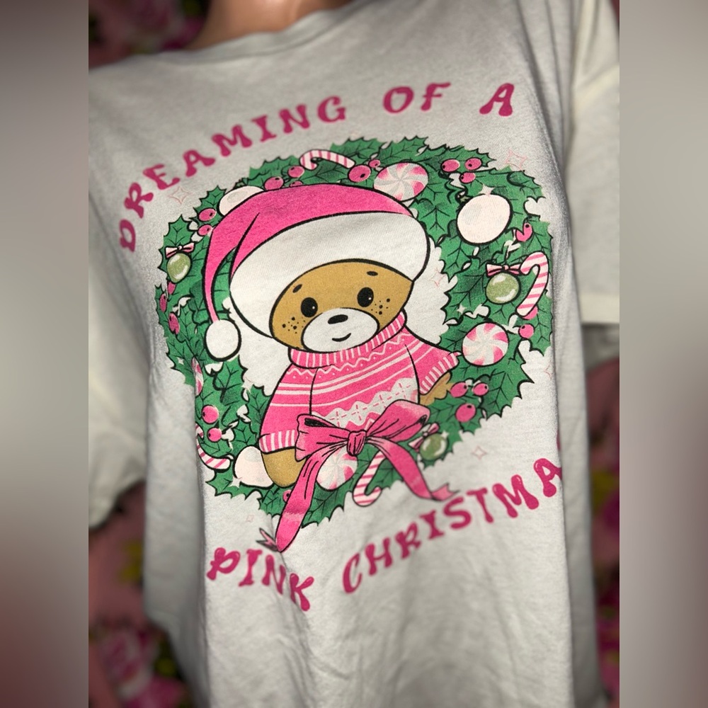 T shirt dreaming of a pink Christmas pj green vintage teddy bear top cotton L